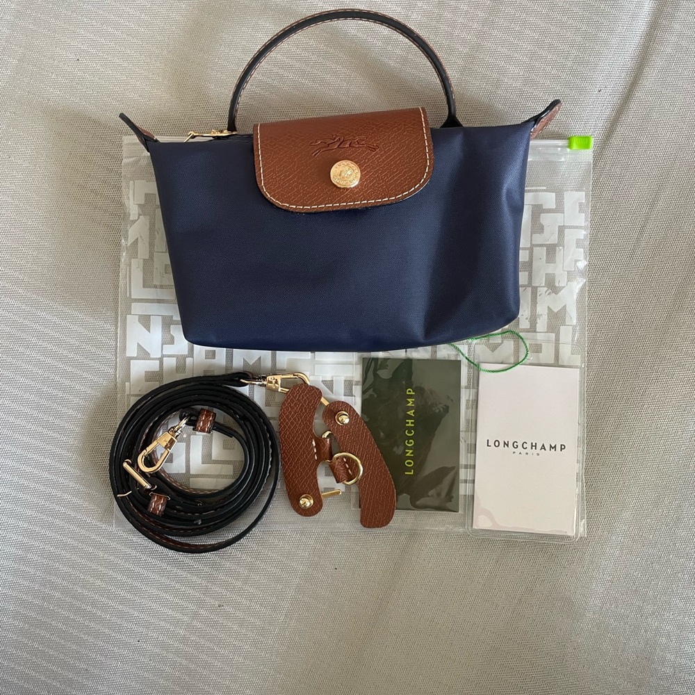 Longchamp Navy Mini Le Pliage Top-Handle Bag with Brown Trim